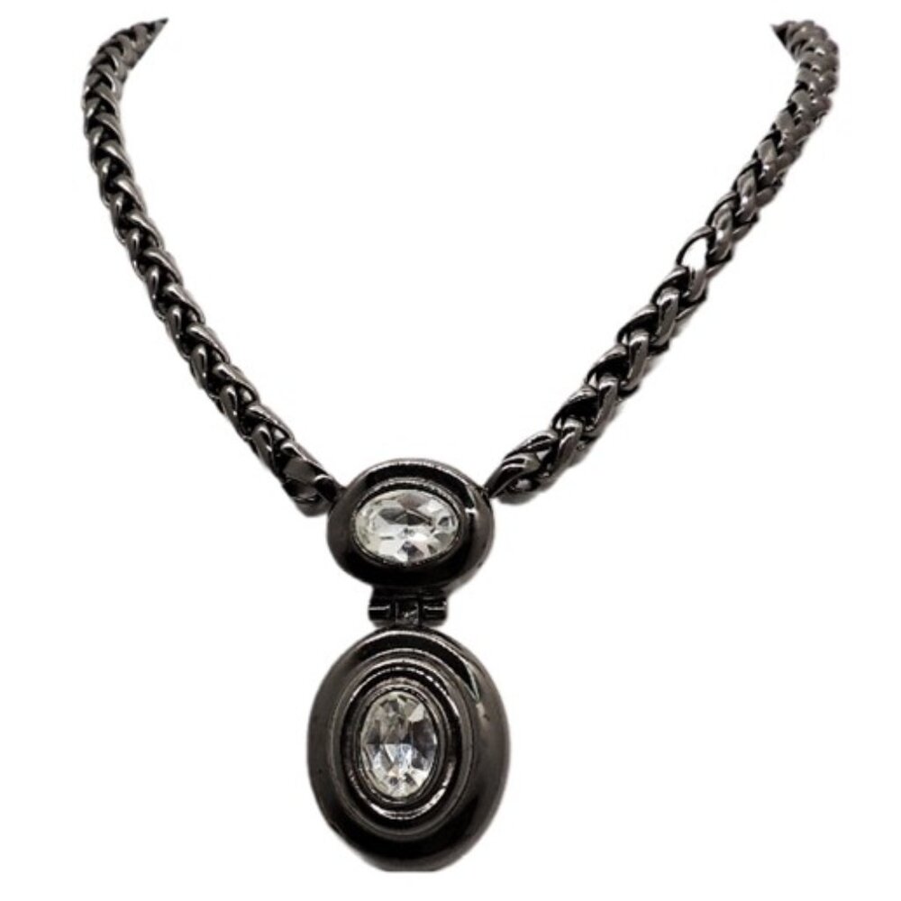 Vintage 1980s Signed Givenchy Hematite Finish Clear Rhinestone Pendant Necklace